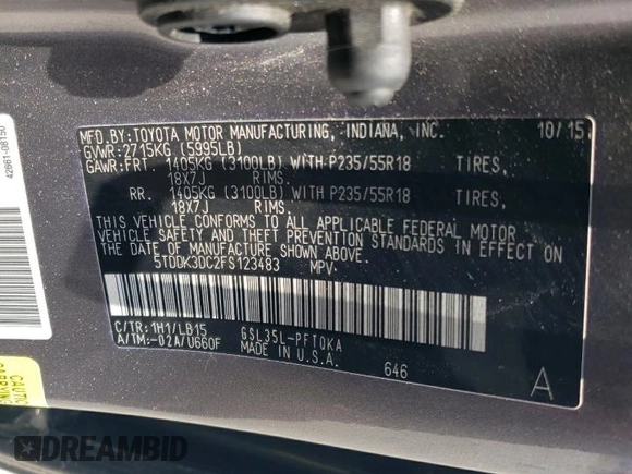 2015 Toyota Sienna Limited with VIN 5TDDK3DC2FS123483, listed as a Copart auction lot 61663545 with 88,390 mi miles and Salvage title. Bid and sale history available at DreamBid. Image 13.