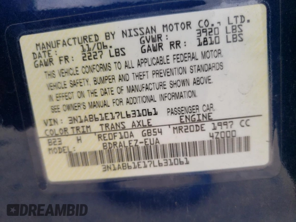 2007 Nissan Sentra 2.0 with VIN 3N1AB61E17L631061, listed as a Copart auction lot 53883825 with 188,738 mi miles and Salvage Title. Bid and sale history available at DreamBid. Image 12.