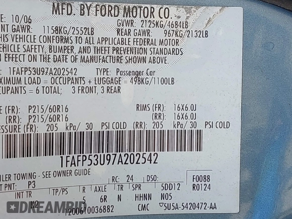 2007 Ford Taurus SE with VIN 1FAFP53U97A202542, listed as a IAAI auction lot 42362224 with Not provided miles and . Bid and sale history available at DreamBid. Image 9.