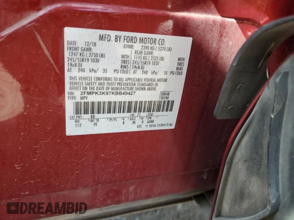 2019 Ford Edge Titanium z VIN 2FMPK3K97KBB49427, wystawiony jako Copart lot #57765745 z przebiegiem 43 656 mil mil oraz Szkoda całkowita • Salvage title. Historia ofert i sprzedaży dostępna na DreamBid. Obrazek 13.