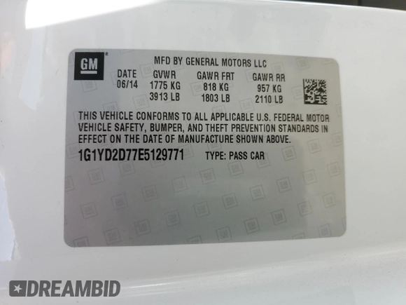 2014 Chevrolet Corvette 2LT with VIN 1G1YD2D77E5129771, listed as a Copart auction lot 78813654 with 99,788 mi miles and Salvage title. Bid and sale history available at DreamBid. Image 14.