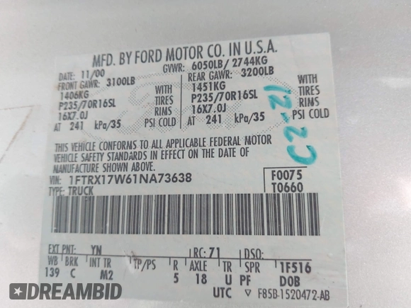 2001 Ford F-150 XL z VIN 1FTRX17W61NA73638, wystawiony jako IAAI lot #41543338 z przebiegiem Nie podano mil oraz . Historia ofert i sprzedaży dostępna na DreamBid. Obrazek 9.