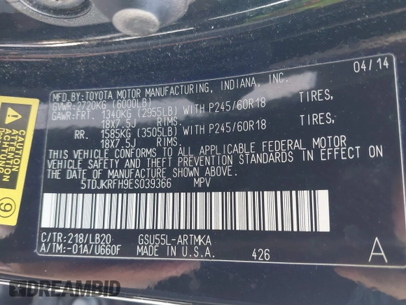 2014 Toyota Highlander XLE z VIN 5TDJKRFH9ES039366, wystawiony jako IAAI lot #41779728 z przebiegiem 156 933 mil mil oraz . Historia ofert i sprzedaży dostępna na DreamBid. Obrazek 9.