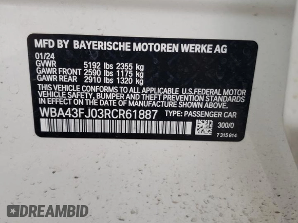 2024 BMW 5 Series 530i with VIN WBA43FJ03RCR61887, listed as a Copart auction lot 69975144 with 2,737 mi miles and Salvage Title. Bid and sale history available at carsss.com. Image 14.