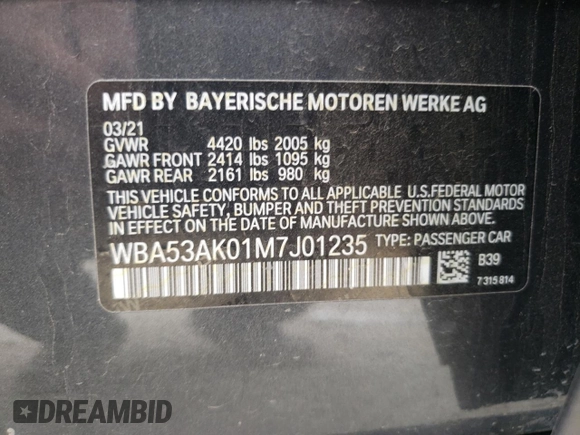 2021 BMW 2 Series 228i with VIN WBA53AK01M7J01235, listed as a Copart auction lot 54838915 with 40,327 mi miles and Salvage title. Bid and sale history available at DreamBid. Image 12.