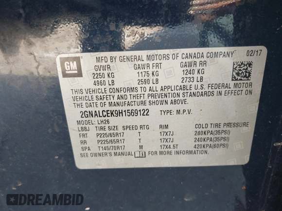 2017 Chevrolet Equinox LT with VIN 2GNALCEK9H1569122, listed as a IAAI auction lot 41780682 with 37,533 mi miles and . Bid and sale history available at DreamBid. Image 9.