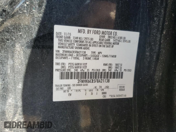 2015 Ford Flex SEL with VIN 2FMHK6C85FBA21138, listed as a Copart auction lot 50011725 with 115,897 mi miles and Salvage Title. Bid and sale history available at carsss.com. Image 13.