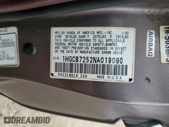 1992 Honda Accord z VIN 1HGCB7252NA019080, wystawiony jako Copart lot #48428985 z przebiegiem 259 883 mil mil oraz Szkoda całkowita • Salvage title. Historia ofert i sprzedaży dostępna na DreamBid. Obrazek 12.