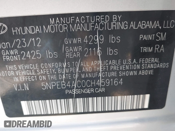 2012 Hyundai Sonata GLS with VIN 5NPEB4AC0CH459164, listed as a IAAI auction lot 41968509 with 68,328 mi miles and . Bid and sale history available at carsss.com. Image 9.