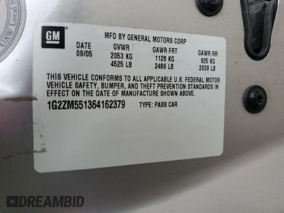 2006 Pontiac G6 GTP z VIN 1G2ZM551364162379, wystawiony jako Copart lot #73416394 z przebiegiem 218 222 mil mil oraz Szkoda całkowita • Salvage title. Historia ofert i sprzedaży dostępna na DreamBid. Obrazek 12.