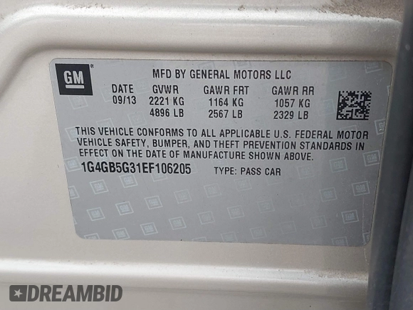 2014 Buick LaCrosse Leather with VIN 1G4GB5G31EF106205, listed as a IAAI auction lot 41569989 with 118,968 mi miles and . Bid and sale history available at DreamBid. Image 9.