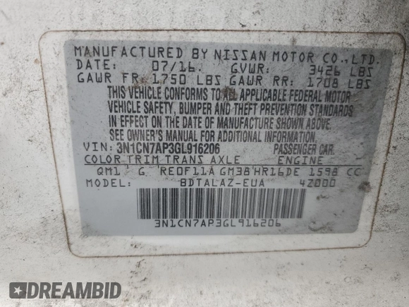 2016 Nissan Versa S Plus with VIN 3N1CN7AP3GL916206, listed as a Copart auction lot 81615524 with 178,719 mi miles and Salvage Title. Bid and sale history available at DreamBid. Image 13.