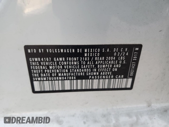 2024 Volkswagen Jetta Sport z VIN 3VWBM7BU8RM047886, wystawiony jako Copart lot #83816714 z przebiegiem 3 587 mil mil oraz Szkoda całkowita • Salvage title. Historia ofert i sprzedaży dostępna na DreamBid. Obrazek 12.