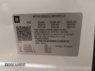 2021 Chevrolet Traverse LT Cloth with VIN 1GNEVGKW8MJ189876, listed as a IAAI auction lot 41719747 with 60,916 mi miles. Bid and sale history available at carsss.com. Image 9.