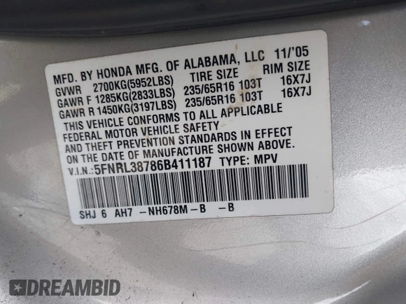 2006 Honda Odyssey EX-L z VIN 5FNRL38786B411187, wystawiony jako IAAI lot #42316075 z przebiegiem 272 658 mil mil oraz . Historia ofert i sprzedaży dostępna na DreamBid. Obrazek 9.