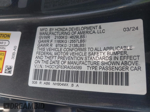 2024 Honda Accord EX-L with VIN 1HGCY2F63RA054589, listed as a IAAI auction lot 41632547 with 16,345 mi miles and . Bid and sale history available at DreamBid. Image 9.