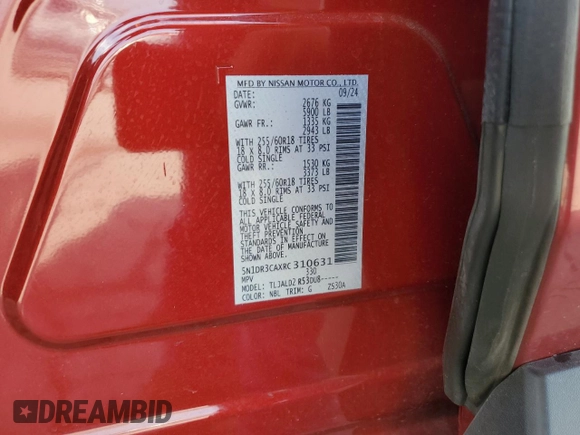 2024 Nissan Pathfinder SL с VIN 5N1DR3CAXRC310631, выставлен на аукционе Copart как лот 62862655 с пробегом 3 609 миль миль и Списание • Salvage title. История ставок и продаж доступна на DreamBid. Изображение 14.