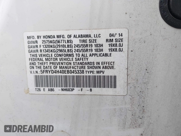 2014 Acura MDX Technology with VIN 5FRYD4H40EB045338, listed as a IAAI auction lot 42369307 with 221,777 mi miles and . Bid and sale history available at DreamBid. Image 9.