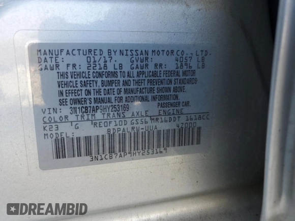 2017 Nissan Sentra SR Turbo с VIN 3N1CB7AP9HY253169, выставлен на аукционе Copart как лот 86797514 с пробегом 54 012 миль миль и Списание • Salvage title. История ставок и продаж доступна на DreamBid. Изображение 12.