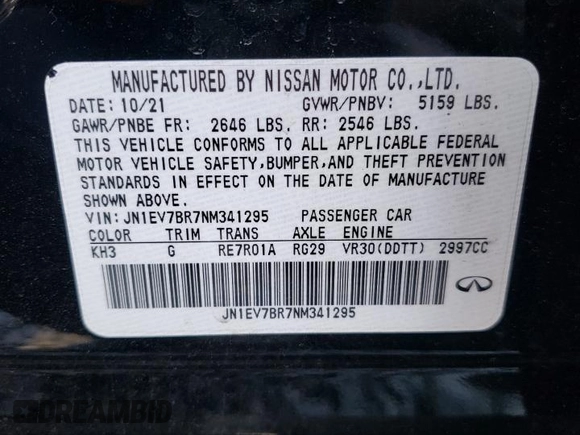 2022 Infiniti Q50 Luxe with VIN JN1EV7BR7NM341295, listed as a Copart auction lot 47003645 with 24,688 mi miles and Salvage title. Bid and sale history available at DreamBid. Image 12.