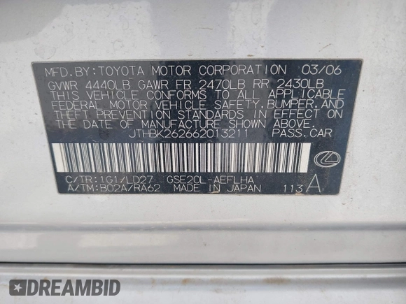 2006 Lexus IS 250 with VIN JTHBK262662013211, listed as a IAAI auction lot 42473423 with 143,129 mi miles and . Bid and sale history available at DreamBid. Image 9.