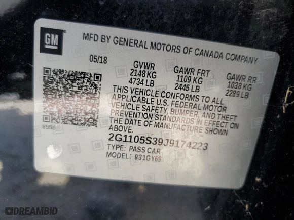 2018 Chevrolet Impala LT with VIN 2G1105S39J9174223, listed as a Copart auction lot 53937945 with 191,037 mi miles and Clean Title. Bid and sale history available at carsss.com. Image 13.