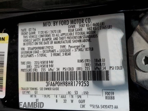 2017 Ford Fusion SE z VIN 3FA6P0H98HR179253, wystawiony jako Copart lot #52015345 z przebiegiem 99 883 mil mil oraz Czysty tytuł • Clean title. Historia ofert i sprzedaży dostępna na DreamBid. Obrazek 12.