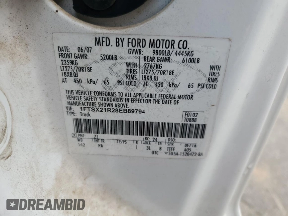 2008 Ford Super Duty F-250 SRW XL with VIN 1FTSX21R28EB89794, listed as a Copart auction lot 50004465 with 170,920 mi miles and Salvage Title. Bid and sale history available at carsss.com. Image 12.