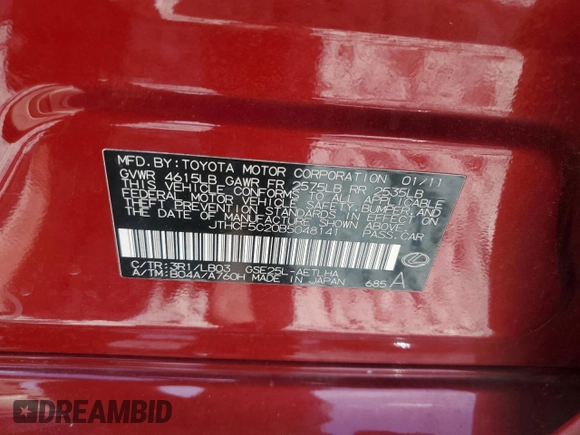 2011 Lexus IS 250 with VIN JTHCF5C20B5048141, listed as a Copart auction lot 56242515 with Not provided miles and Salvage title. Bid and sale history available at DreamBid. Image 12.