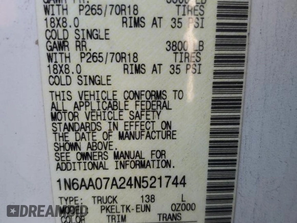 2004 Nissan Titan SE with VIN 1N6AA07A24N521744, listed as a Copart auction lot 58012925 with 268,270 mi miles and Salvage title. Bid and sale history available at DreamBid. Image 12.