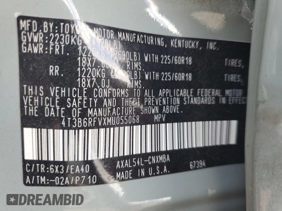 2021 Toyota RAV4 Hybrid LE with VIN 4T3B6RFVXMU055068, listed as a Copart auction lot 56575935 with 41,058 mi miles and Salvage title. Bid and sale history available at DreamBid. Image 12.