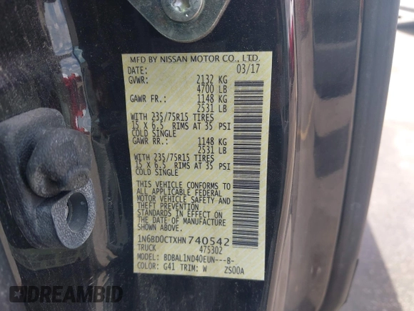 2017 Nissan Frontier SV with VIN 1N6BD0CTXHN740542, listed as a IAAI auction lot 42473880 with 15,144 mi miles and . Bid and sale history available at DreamBid. Image 9.