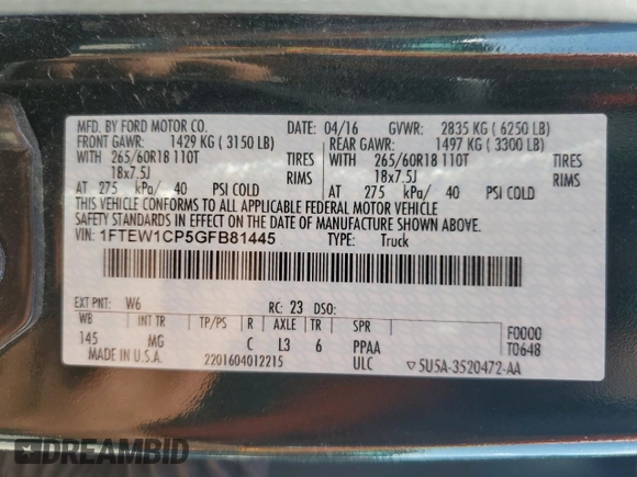 2016 Ford F-150 XL with VIN 1FTEW1CP5GFB81445, listed as a Copart auction lot 50538515 with 133,761 mi miles and Salvage Title. Bid and sale history available at carsss.com. Image 12.