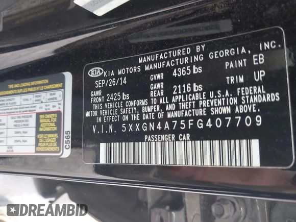 2015 Kia Optima EX с VIN 5XXGN4A75FG407709, выставлен на аукционе IAAI как лот 42415144 с пробегом 129 204 миль миль и . История ставок и продаж доступна на DreamBid. Изображение 9.