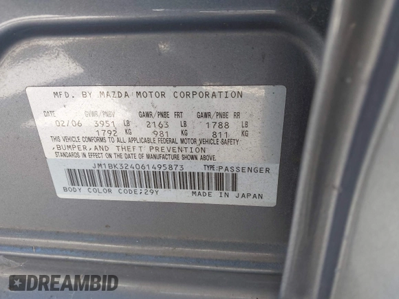 2006 Mazda 3 s z VIN JM1BK324061495873, wystawiony jako IAAI lot #42529884 z przebiegiem 144 372 mil mil oraz . Historia ofert i sprzedaży dostępna na DreamBid. Obrazek 9.