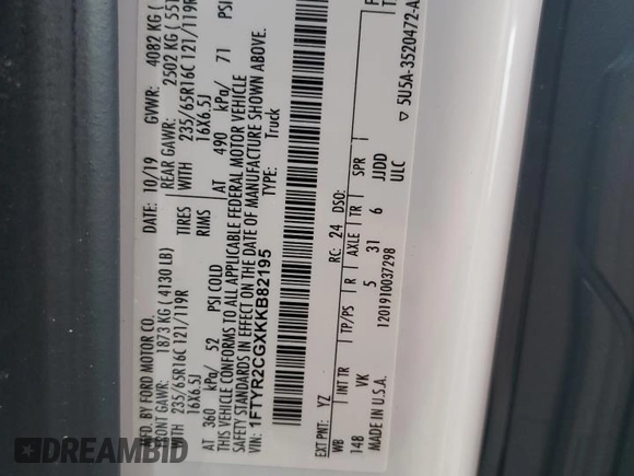 2019 Ford Transit with VIN 1FTYR2CGXKKB82195, listed as a Copart auction lot 74347834 with Not Provided miles and Salvage Title. Bid and sale history available at carsss.com. Image 14.