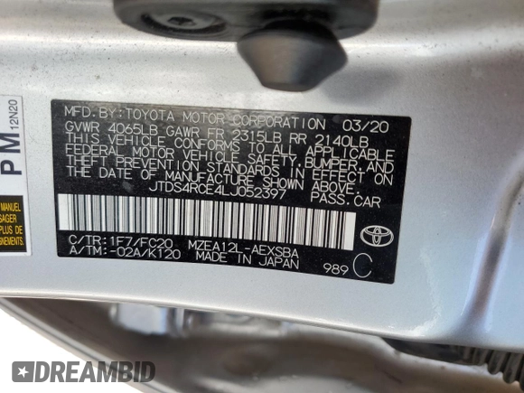 2020 Toyota Corolla SE with VIN JTDS4RCE4LJ052397, listed as a Copart auction lot 45486925 with 50,256 mi miles and Salvage Title. Bid and sale history available at carsss.com. Image 12.