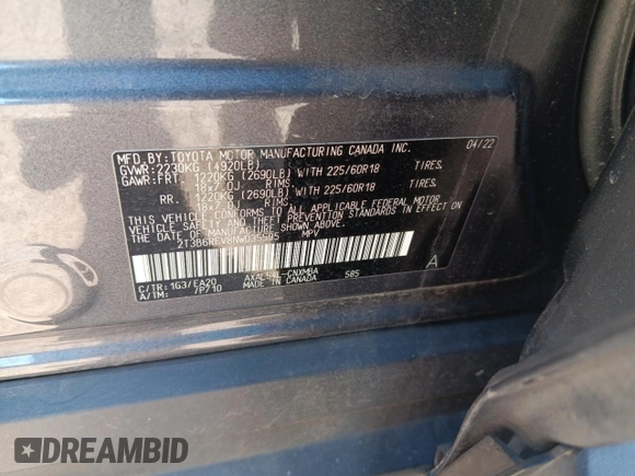 2022 Toyota RAV4 Hybrid XLE Premium with VIN 2T3B6RFV8NW035595, listed as a Copart auction lot 63302015 with 31,764 mi miles and Salvage title. Bid and sale history available at DreamBid. Image 12.