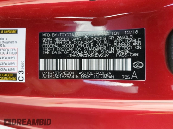 2019 Lexus RC 300 z VIN JTHHA5BC0K5009239, wystawiony jako Copart lot #81982064 z przebiegiem 78 919 mil mil oraz Szkoda całkowita • Salvage title. Historia ofert i sprzedaży dostępna na DreamBid. Obrazek 12.