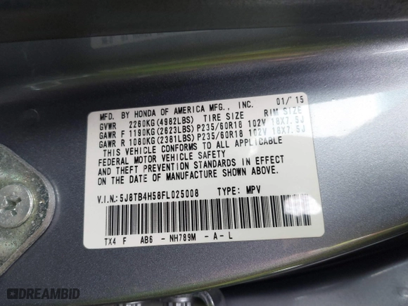 2015 Acura RDX Tech Pkg with VIN 5J8TB4H58FL025008, listed as a IAAI auction lot 41845178 with 99,847 mi miles. Bid and sale history available at carsss.com. Image 9.