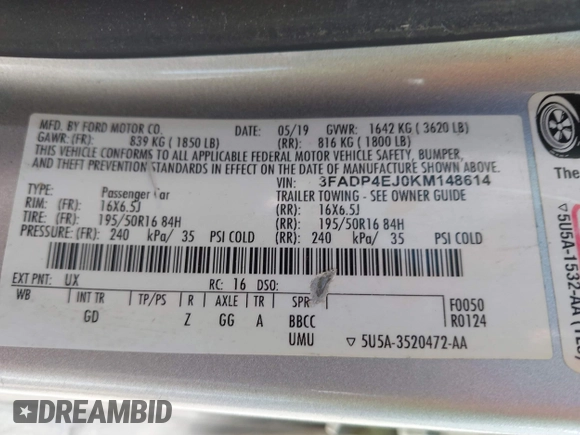 2019 Ford Fiesta SE with VIN 3FADP4EJ0KM148614, listed as a IAAI auction lot 41860070 with 68,361 mi miles and . Bid and sale history available at DreamBid. Image 9.