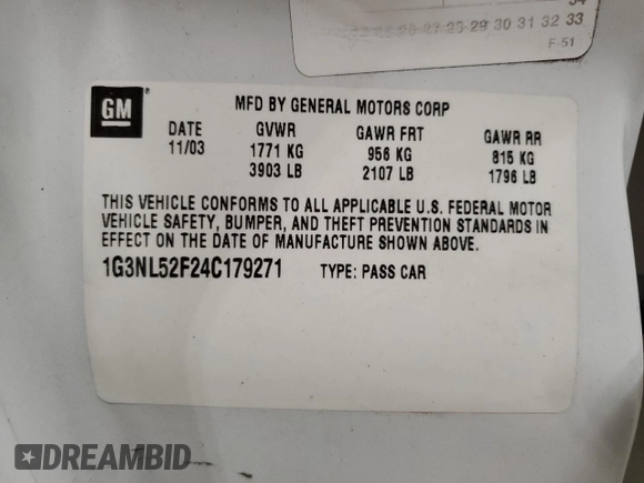 2004 Oldsmobile Alero GL1 with VIN 1G3NL52F24C179271, listed as a Copart auction lot 42011825 with 136,429 mi miles and Non Repairable. Bid and sale history available at DreamBid. Image 14.
