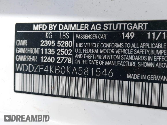 2019 Mercedes-Benz E-Class E 300 with VIN WDDZF4KB0KA581546, listed as a IAAI auction lot 41584704 with 86,014 mi miles. Bid and sale history available at carsss.com. Image 9.