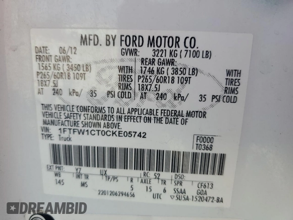 2012 Ford F-150 XL with VIN 1FTFW1CT0CKE05742, listed as a Copart auction lot 87447524 with 152,210 mi miles and Salvage Title. Bid and sale history available at carsss.com. Image 14.
