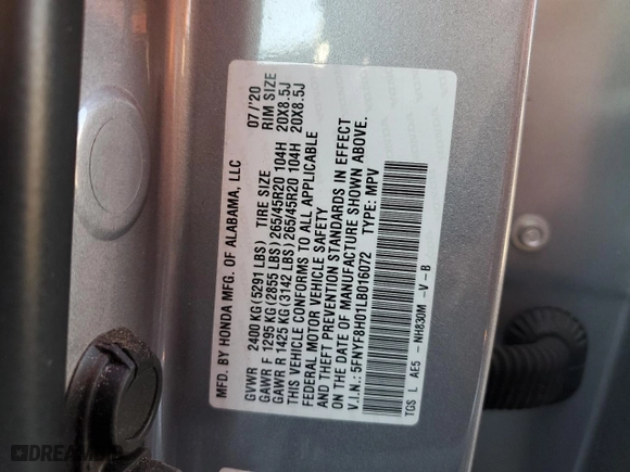 2020 Honda Passport Elite with VIN 5FNYF8H01LB016072, listed as a Copart auction lot 44420105 with 58,802 mi miles and Salvage Title. Bid and sale history available at carsss.com. Image 13.