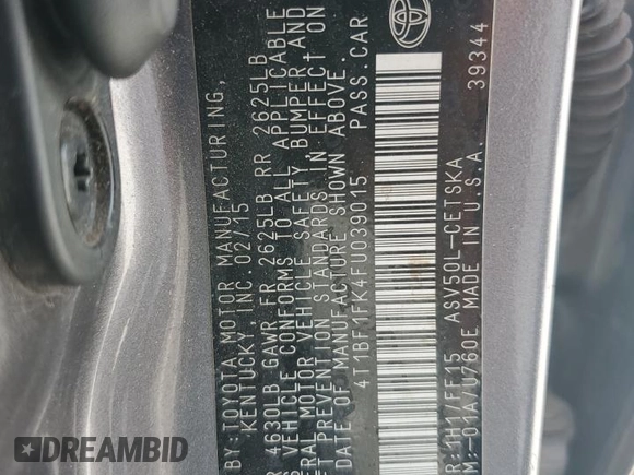 2015 Toyota Camry XLE z VIN 4T1BF1FK4FU039015, wystawiony jako Copart lot #59293295 z przebiegiem 130 335 mil mil oraz Szkoda całkowita • Salvage title. Historia ofert i sprzedaży dostępna na DreamBid. Obrazek 12.