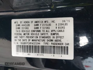 2015 Acura TLX with VIN 19UUB1F3XFA023244, listed as a IAAI auction lot 41890754 with 92,090 mi miles. Bid and sale history available at carsss.com. Image 9.