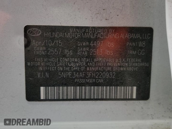 2015 Hyundai Sonata Sport with VIN 5NPE34AF3FH220932, listed as a Copart auction lot 54533715 with 151,346 mi miles and Salvage title. Bid and sale history available at DreamBid. Image 12.