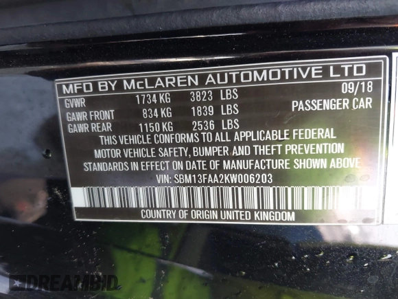 2019 McLaren 570S z VIN SBM13FAA2KW006203, wystawiony jako IAAI lot #40915548 z przebiegiem Nie podano mil oraz . Historia ofert i sprzedaży dostępna na DreamBid. Obrazek 9.