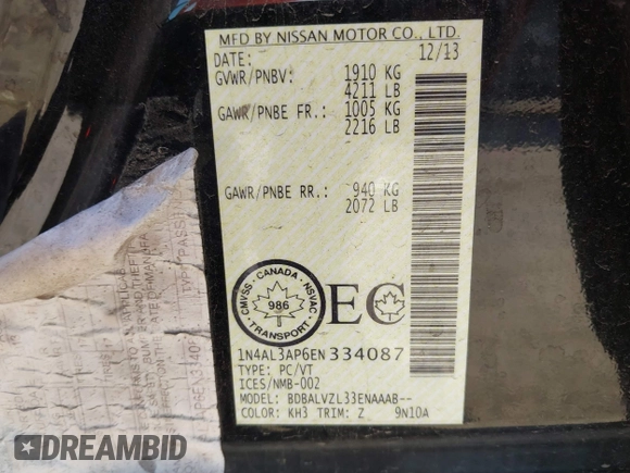 2014 Nissan Altima SL with VIN 1N4AL3AP6EN334087, listed as a IAAI auction lot 41902003 with 155,523 mi miles and . Bid and sale history available at DreamBid. Image 9.